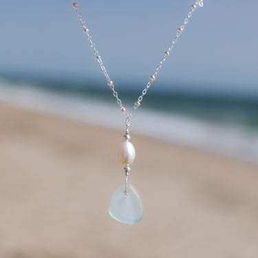 Aqua Blue Sea Glass + Baroque Pearl Necklace